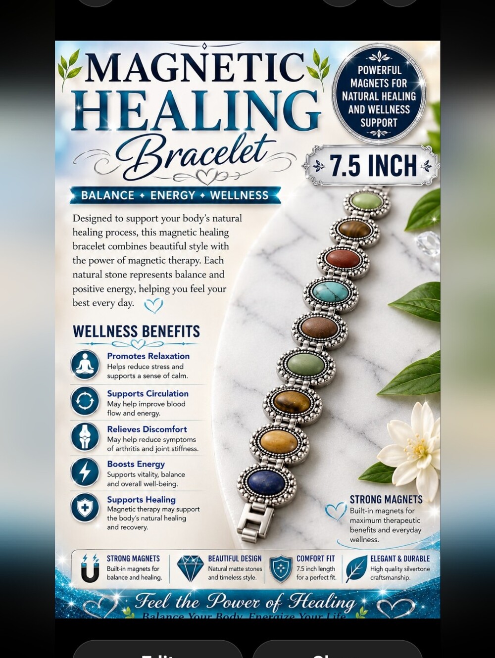 Magnetic Healing Bracelet with Multicolor Natural Stones - 7.5 Inch